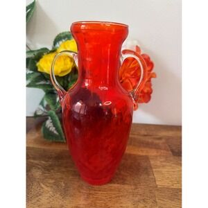 Murano Hand Blown Orange Red Art Glass Vase Clear‎ Handles